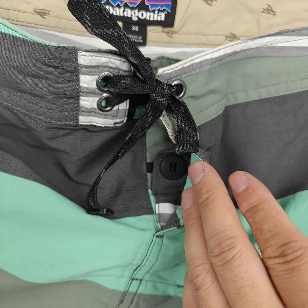 Patagonia Board Shorts Mens 38 Green Striped Lined Quick Dry Drawstring Pockets